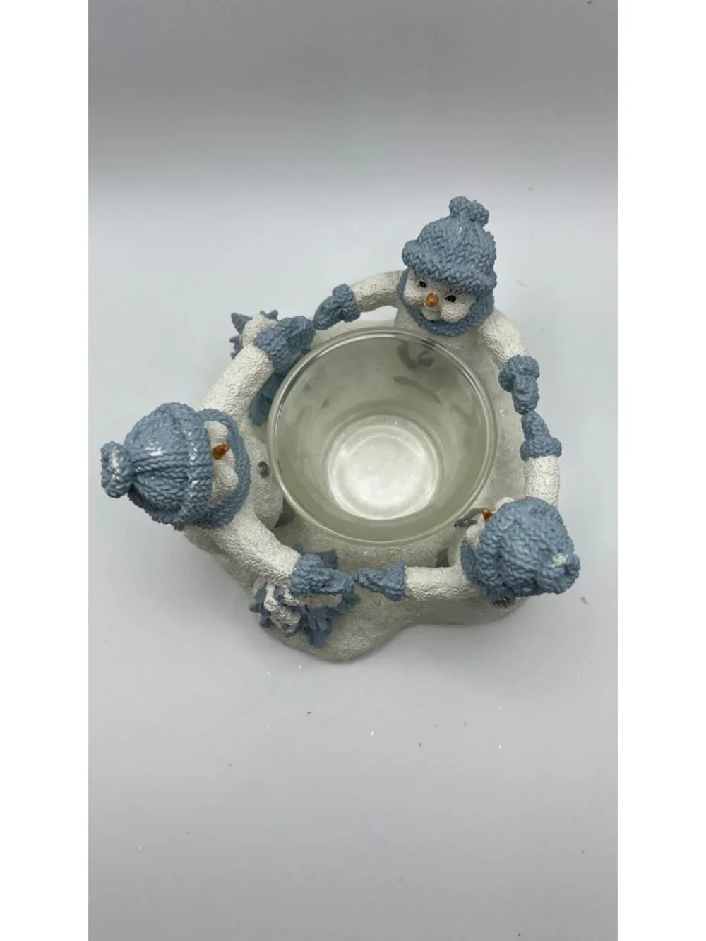 Snowman Candle Holder With Glass Insert - Winter Decor - Hand Painted White & Bl